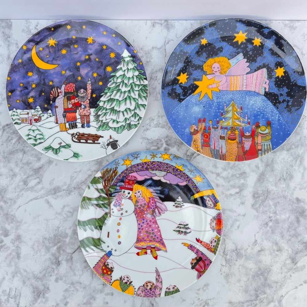 Vintage Kiki Christmas Star Peace Angel Snowman Collector Plates Set of 3 Japan